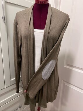 BUTTERCREAM Open-Front Cardigan Olive Taupe Elbow Patch Medium Made in Canada